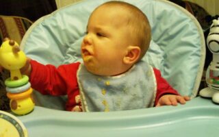 A baby wearing a blue bib with food stains sits in a high chair, looking to the left and holding a yellow toy with colourful rings. The baby has food on their mouth and cheek. A plate is partially visible in the bottom left, and a zebra toy is on the right.
