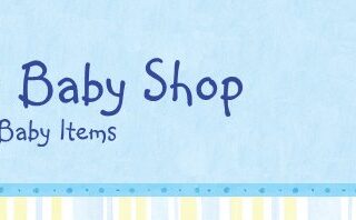A pastel blue banner with “Little Tots Baby Shop” in playful blue font and “New and Preloved Baby Items” below. On the right, there’s an illustration of a blue baby romper over a yellow striped shirt. A blue and yellow striped border runs along the bottom.
