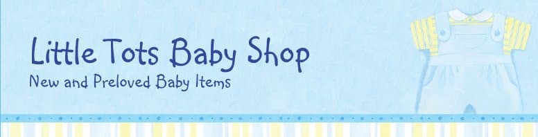 A pastel blue banner with “Little Tots Baby Shop” in playful blue font and “New and Preloved Baby Items” below. On the right, there’s an illustration of a blue baby romper over a yellow striped shirt. A blue and yellow striped border runs along the bottom.