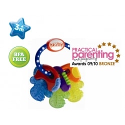 A colourful Nuby baby teether ring with textured key shapes, labelled "BPA FREE" and "3m+." It features a "Practical Parenting Awards 09/10 Bronze" badge, indicating it is award-winning and suitable for babies 3 months and older.