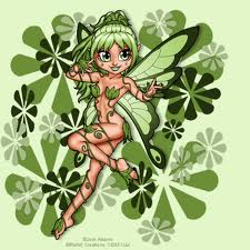 A cartoon fairy with green hair, green butterfly wings, and leafy vines wrapped around her body floats in front of a background filled with various green flower patterns. She is smiling and striking a playful pose with one arm raised.
