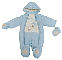 Light blue baby snowsuit with a hood, matching mittens, and covered feet. The front features a cute animal face with embroidered eyes, nose, mouth, and the phrase "Bear Hug." The suit is padded for warmth and has a zip down the front.