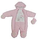 A pink hooded baby snowsuit with attached mittens and bootees is displayed. The suit features a front design with small cartoon animals and a zip running down the front for easy dressing.
