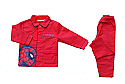 A red children’s pyjama set with long sleeves and trousers. The shirt features a blue-lined collar, buttons, and a large Spider-Man mask graphic on one side, with dark blue trim on the pocket and details. The trousers are plain red and match the top.
