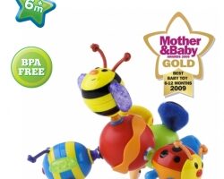 Colourful baby toy with three linked bug-like shapes: a yellow-and-black bee with antennae and purple wings, a red ball, and a green bug with blue legs. "BPA Free," "6m+," and "Mother & Baby Gold Award 2009" badges are displayed.