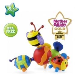 Colourful baby toy with three linked bug-like shapes: a yellow-and-black bee with antennae and purple wings, a red ball, and a green bug with blue legs. "BPA Free," "6m+," and "Mother & Baby Gold Award 2009" badges are displayed.