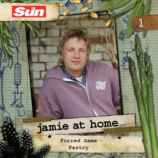 A man with tousled blond hair wearing a mauve hoodie sits against a rustic brick wall. The border features plants, kitchen tools, and asparagus. Text reads: "The Sun," "jamie at home," "Furred Game Pastry," and "1," indicating the episode.