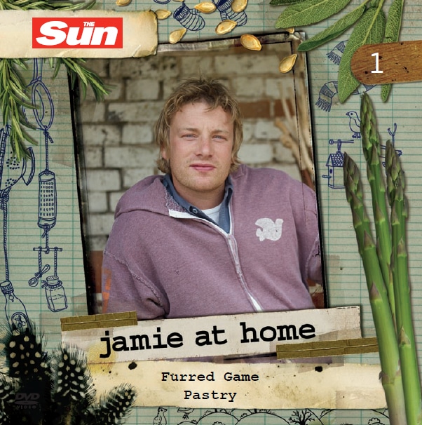 A man with tousled blond hair wearing a mauve hoodie sits against a rustic brick wall. The border features plants, kitchen tools, and asparagus. Text reads: "The Sun," "jamie at home," "Furred Game Pastry," and "1," indicating the episode.