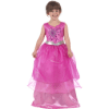 A smiling young child with short brown hair wears a bright pink princess dress with a shiny silver waistband and layered tulle skirt. The dress has sparkling details on the bodice, and the child stands against a plain white background.