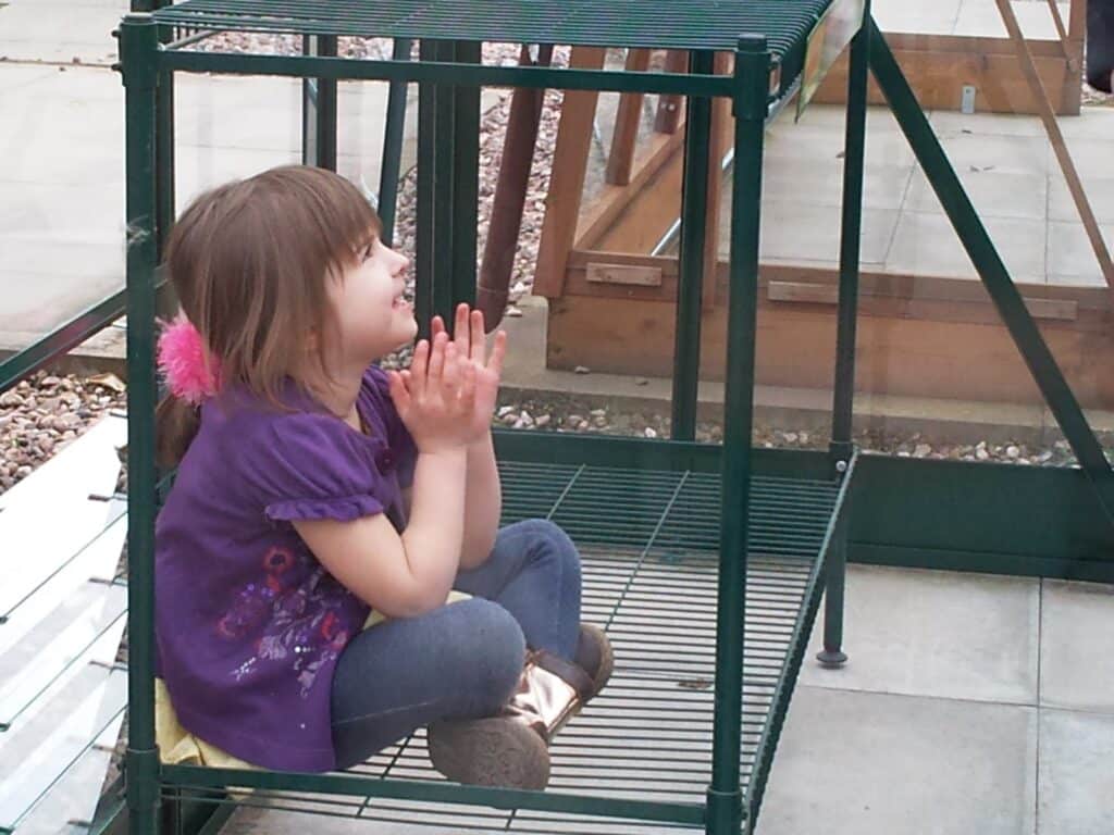 A young girl with brown hair and a pink hair bobble sits cross-legged on a green metal shelf outside. She wears a purple top, blue jeans, and silver boots, looking up and smiling with her hands clasped. The background includes glass panels and stones.