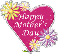 A bright pink heart with "Happy Mother’s Day" written in white cursive is surrounded by colourful, cartoon-like flowers in yellow, white, and purple. The background is transparent, and the design has a cheerful, celebratory feel.