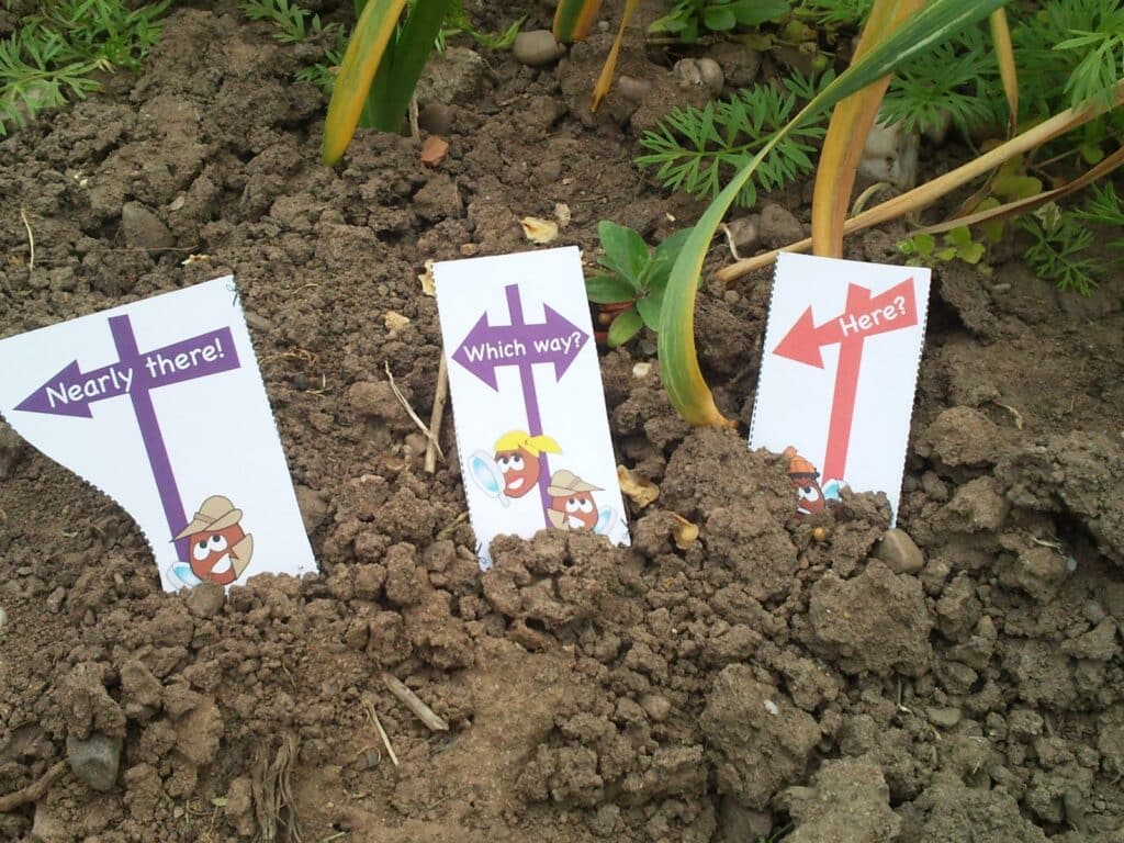 Three cartoon signposts with red arrows are planted in garden soil among green plants. The signs say “Nearly there!”, “Which way?”, and “Here?” Each sign features a cartoon face wearing a hat, indicating directions with playful confusion.