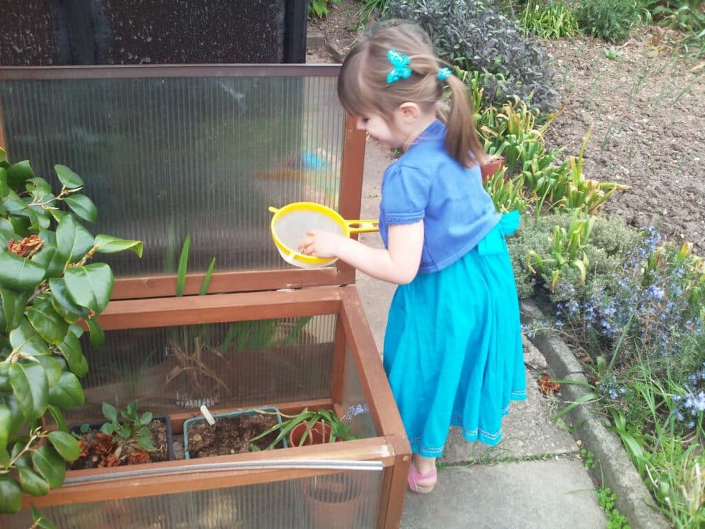 A young girl in a blue dress and shirt is holding a yellow toy tennis racquet, standing next to an open wooden cold frame in a garden. She looks down at the plants inside. The garden has green plants, flowers, and a patch of bare soil.