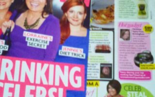 A magazine cover and an inner page. The cover features three smiling women with text about celebrity secrets, diets, and exercise tips. The inner page has colourful sections with recipes, photos of food, and a woman holding a drink in a bottle.