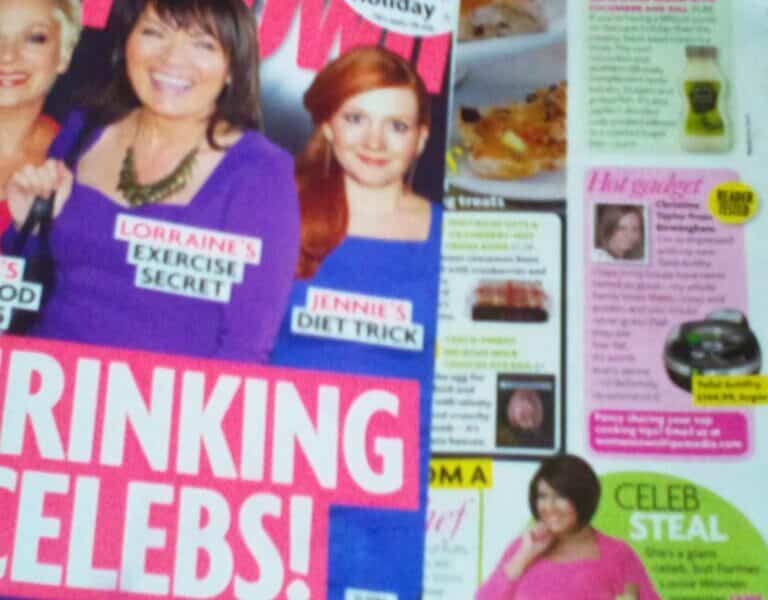 A magazine cover and an inner page. The cover features three smiling women with text about celebrity secrets, diets, and exercise tips. The inner page has colourful sections with recipes, photos of food, and a woman holding a drink in a bottle.