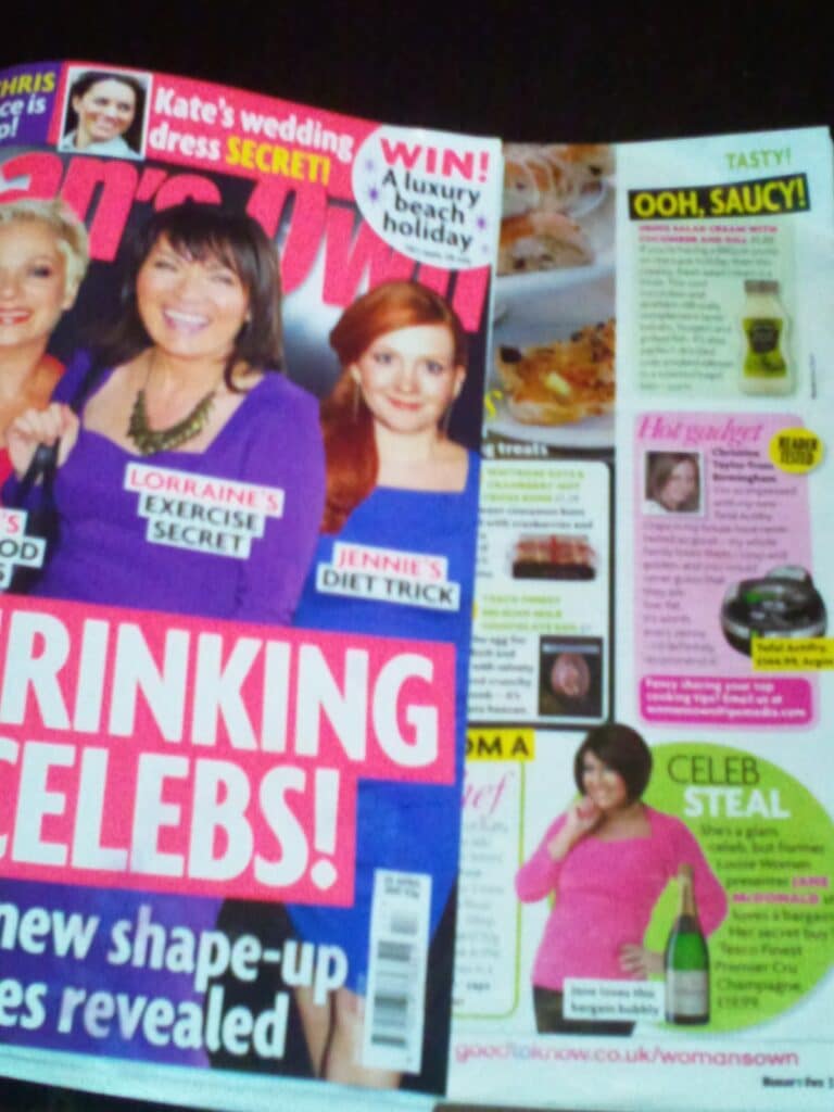 A magazine cover features three smiling women with headlines about celebrity shape-ups, wedding dress secrets, exercise, and diet tricks. The adjacent page has photos of food, a woman in a pink jumper holding wine, and colourful text blocks with tips and promotions.
