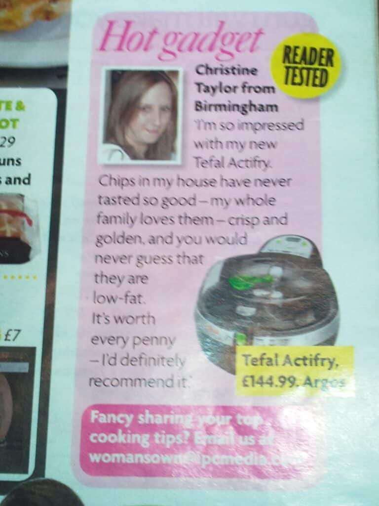 A magazine cutting features a review by Christine Taylor from Birmingham with her photo, praising the Tefal Actifry. The product image shows the air fryer with food inside. Price (£144.99, Argos) and a yellow "Reader Tested" label are also visible.