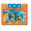 An orange plastic Meccano building set case with a blue handle and front label showing a blue and yellow toy vehicle. The label features the Meccano logo and images of possible models to build, including cars and construction vehicles.
