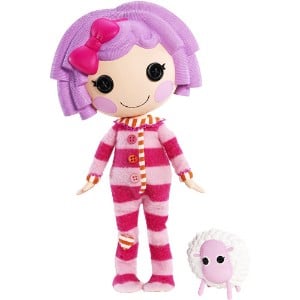 A doll with pink hair and a sheep.