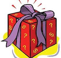 A red gift box decorated with yellow question marks and pound signs, tied with a large purple ribbon and bow. The box is surrounded by a yellow outline and has red lines above it, suggesting excitement or surprise.