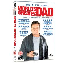 DVD cover for the film “World’s Greatest Dad” featuring Robin Williams holding a mug that says “World’s Greatest Dad.” The cover includes star ratings, review quotes, and the film title in large red lettering. The background is white.