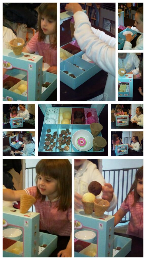 A collage shows children playing with a toy ice cream set. They stack toy scoops in cones, select from a box filled with scoops and cones, and enjoy pretending to serve ice cream together at a table. The kids appear excited and focused.