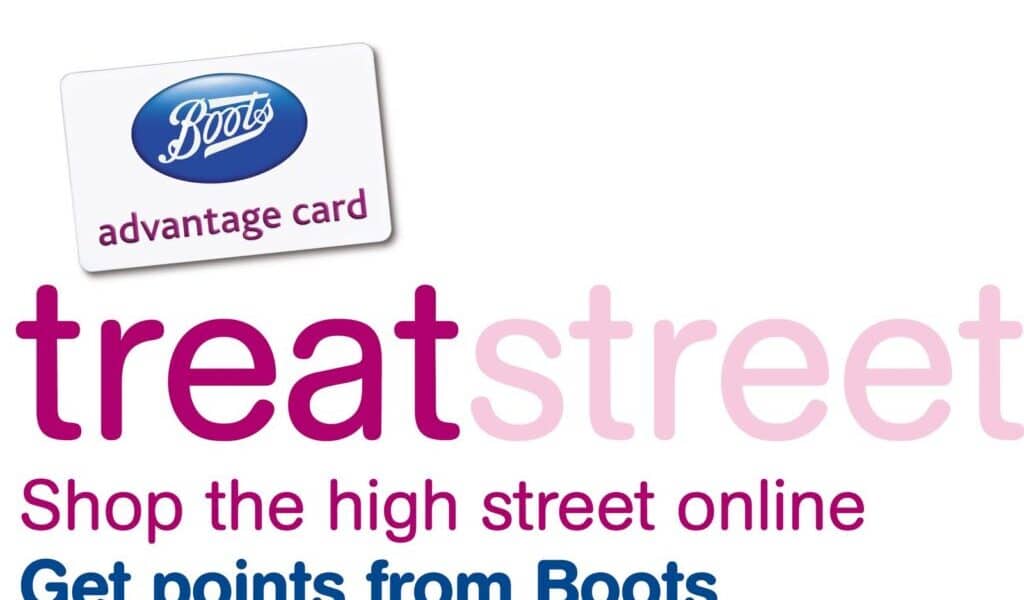 A Boots Advantage Card appears above the words "treat street" in large pink text. Below, in smaller text, it says: "Shop the high street online. Collect points from Boots." The design uses pink, blue, and white colours.