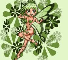 A cartoon fairy with green hair, large green wings, and leaf-themed clothing poses gracefully. She has pointed ears, leafy vines wrapped around her legs, and stands in front of a background filled with various green, flower-like shapes.