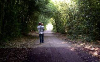 A person in jeans and a patterned shirt walks down a paved forest path, surrounded by dense green trees arching overhead. The person appears to be carrying a child. Sunlight brightens the path ahead, creating a tunnel effect through the foliage.