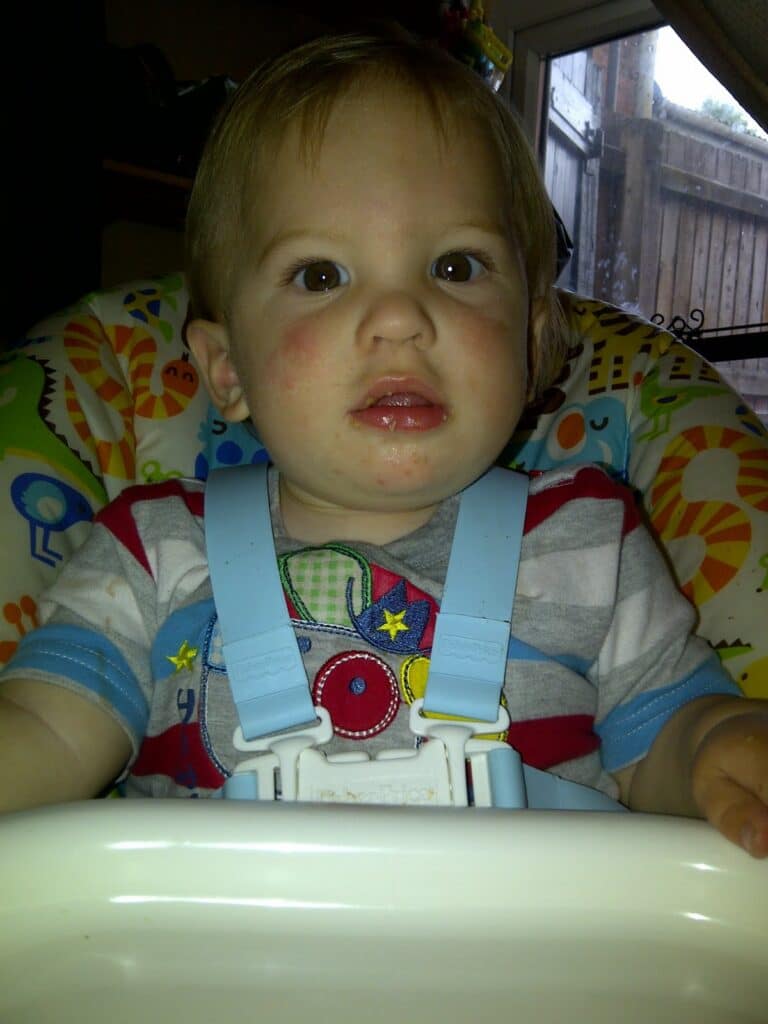 A young child with short blonde hair sits in a colourful high chair, wearing a striped shirt with cartoon designs and blue safety straps. The child has slightly flushed cheeks and looks directly at the camera. A window and wooden fence are visible in the background.