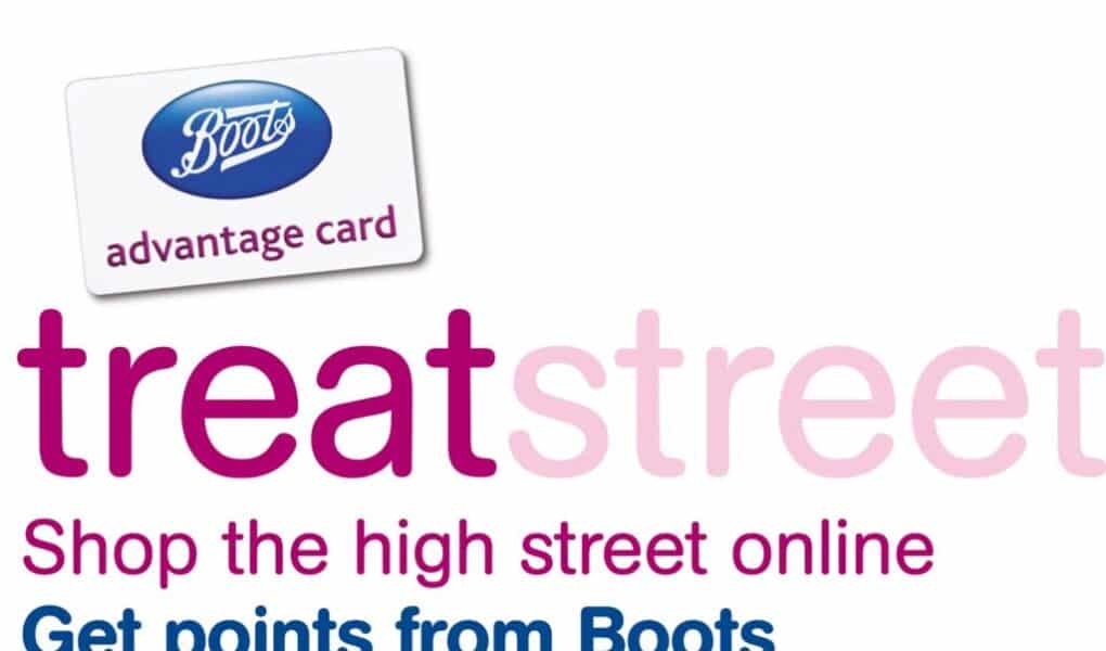 A Boots Advantage Card appears above the words "treat street" in large pink and purple text. Below, it says "Shop the high street online" in pink and "Collect points from Boots" in blue. The background is white.