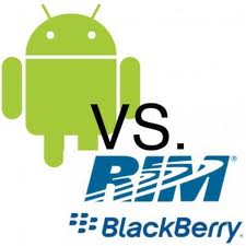 A large green Android robot logo is on the left. The text "VS." is centred. On the right, the blue RIM (Research In Motion) and BlackBerry logos are stacked, representing a comparison between Android and BlackBerry mobile platforms.