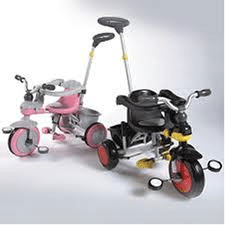 Two children’s tricycles with push handles are shown. One tricycle is pink and grey, while the other is black, yellow, and grey. Both have three wheels, footrests, and a seat with a backrest, designed for toddlers with parent steering handles attached.