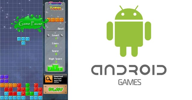 The image is split in half: on the left, a paused Tetris game with colourful blocks and a “Game Pause” message; on the right, a large green Android logo above the words “ANDROID GAMES” in grey text on a white background.