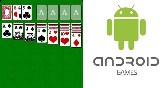 The image is split in half; the left side shows a Solitaire game in progress with cards arranged in columns, and the right side displays the green Android robot logo above the words "ANDROID GAMES" on a white background.