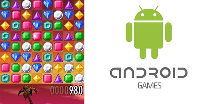 Split image: Left side shows a colourful match-three puzzle game with rows of gems in different shapes and colours. Right side features a green Android robot logo above the word "ANDROID" and “GAMES” on a white background.