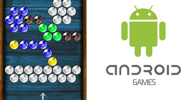 On the left, a mobile puzzle game with coloured marbles arranged on a blue wooden grid. On the right, the green Android robot logo above the words "ANDROID GAMES" in grey, set against a white background.