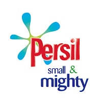 The image shows the Persil logo with blue and green splash shapes behind the red word "Persil." Below, in smaller text, it says "small & mighty," with "small" in blue, "&" in green, and "mighty" in bold blue letters.