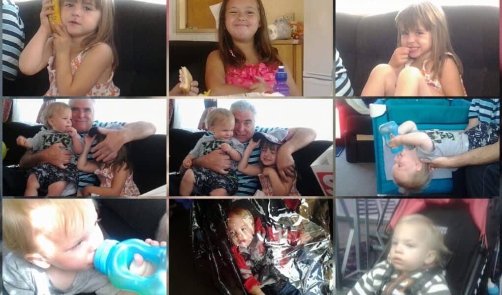 A collage of 16 photos shows a young girl in various situations: playing with toys, smiling, cuddling with an adult, drinking from a bottle, lying down, playing in the sand with colourful balls, a glowing disco ball, and a sandy beach with umbrellas and water.