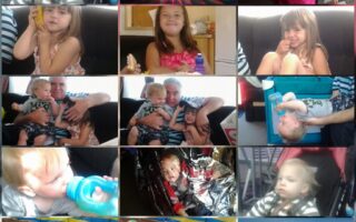A collage of 16 photos shows a young girl in various situations: playing with toys, smiling, cuddling with an adult, drinking from a bottle, lying down, playing in the sand with colourful balls, a glowing disco ball, and a sandy beach with umbrellas and water.