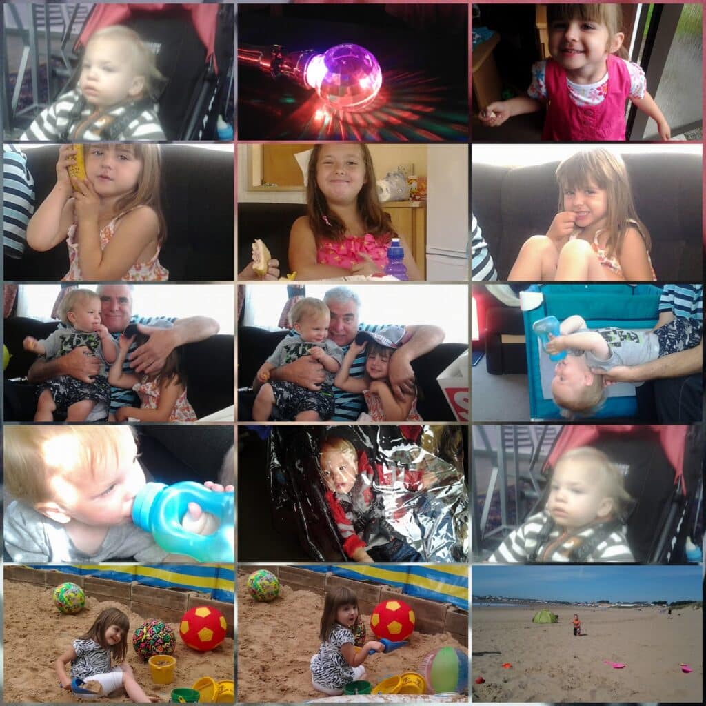 A collage of family moments: a little girl playing, smiling, with adults, drinking from a bottle, and relaxing; a disco light, beach scenes with colourful balls, sand toys, and distant sea under a bright sky; happy, candid, and playful expressions throughout.