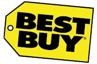 A yellow price tag icon with the words “BEST BUY” in bold, black, uppercase letters. The tag is slanted slightly to the right and features a small circular hole on the left side, representing the branding for the retail electronics shop Best Buy.