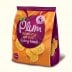 A bright orange and purple bag of Plum Organics Little Teethers teething wafers is shown. The packaging features images of round wafers and a peach illustration, suggesting peach flavour. The bag stands upright and appears unopened.