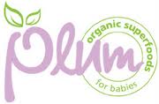 The image shows the Plum Organics logo with "plum" written in script-style purple text. Two green leaves form a sprout above the letter "p." To the right, a green circular stamp reads "organic superfoods for babies.