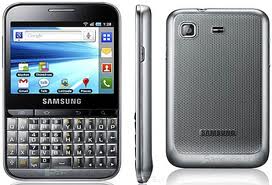Front, side, and back views of a Samsung mobile phone with a physical QWERTY keyboard, small screen displaying app icons, and textured silver back cover. The phone has navigation buttons below the screen and a rear camera with no flash.