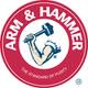A red circular logo with "ARM & HAMMER" in white letters around the top and "THE STANDARD OF PURITY" at the bottom. In the centre, a muscular arm holds a black hammer, outlined in blue, against a white background.