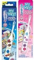 Two electric toothbrushes in colourful boxes, one blue and one pink. Each box says “My Way!” and shows the toothbrush covered in decorative stickers, which are included in the set. The boxes feature sticker designs suitable for children.