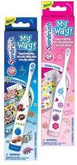 Two electric toothbrushes in colourful boxes, one blue and one pink. Each box says “My Way!” and shows the toothbrush covered in decorative stickers, which are included in the set. The boxes feature sticker designs suitable for children.