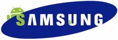 Samsung logo with a playful twist: the word "SAMSUNG" in white, bold letters on a blue oval, but the "S" is replaced with a green Android robot peeking from the left, and a small Android head appears inside the second "G".
