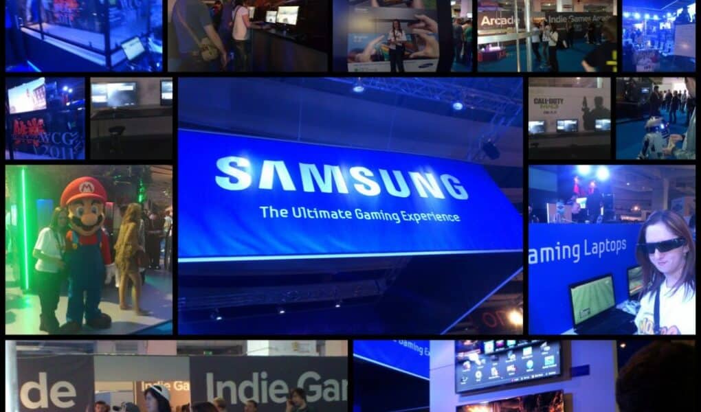 A collage of photos from a gaming expo shows stands, game displays, people playing games, cosplayers including Mario, tech exhibits, a large blue Samsung sign, and attendees interacting with various gaming setups and virtual reality devices under blue lighting.